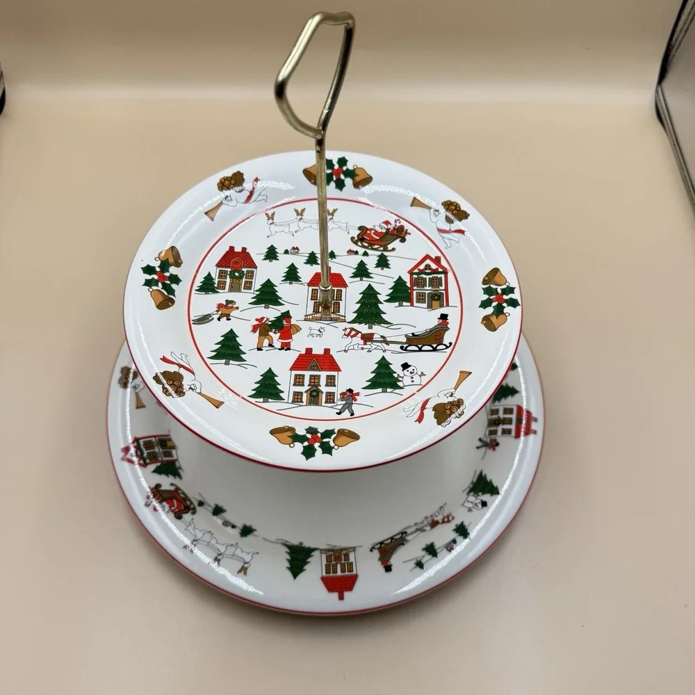 Jamestown China The Joy of Christmas 2 Tiered Serving Stand Ceramic Plates Retro